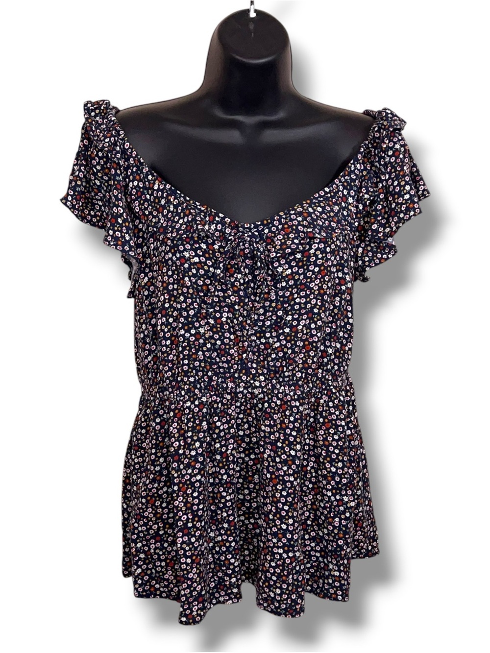 Small Maurices Colorful Floral Top Peplum Navy Blue Peasant Vneck Stretch